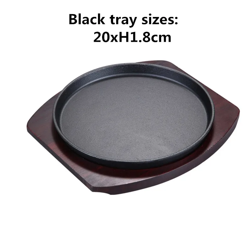 BBQ grilled plate round household baking raosting pan wooden tray kitchen pan Korean cast iron barbecue pot fried striped steak