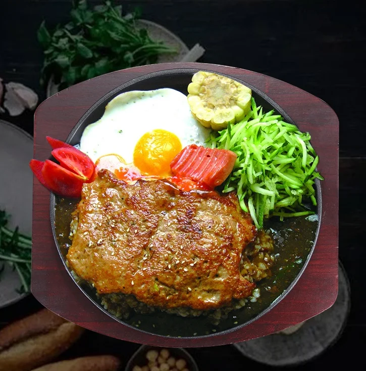 BBQ grilled plate round household baking raosting pan wooden tray kitchen pan Korean cast iron barbecue pot fried striped steak