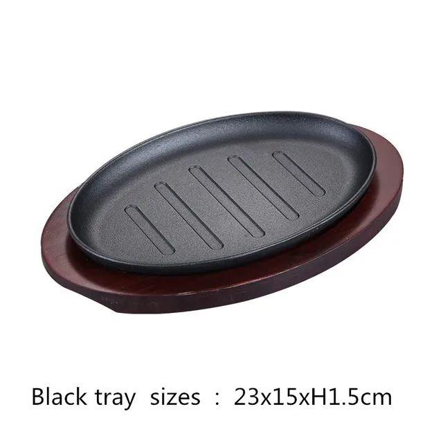 BBQ grilled plate round household baking raosting pan wooden tray kitchen pan Korean cast iron barbecue pot fried striped steak