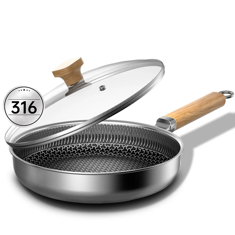 316 Stainless Steel Frying Pan, NonStick Pan Fried Steak Pot  Uncoated Kitchen Cookware For Gas Stove and Induction Cooker