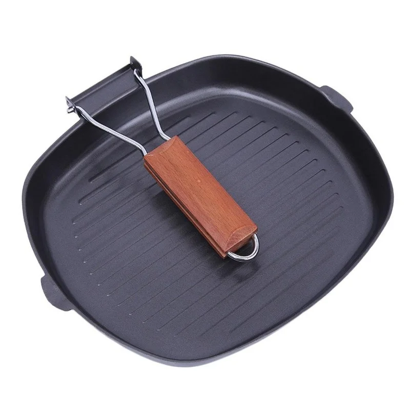 Portable Non-sticky Steak Frying Pan Square Grill Pan With Folding Wooden Handle BBQ Frying Pancast Iron Kitchen Accessory