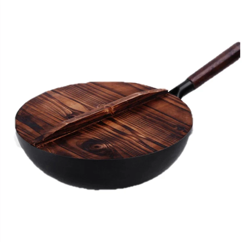 Handmade Cast Iron Wok 32cm Non-stick Skillet Wok Pans Household Cooking Pot Wooden Cover Gas Stove Induction Cooker Universal