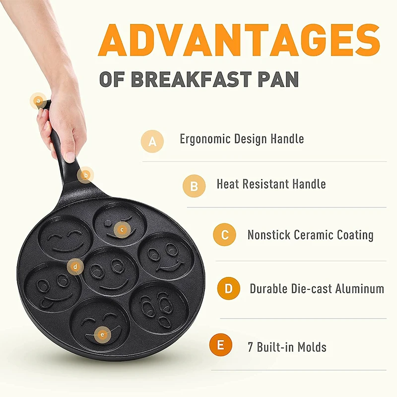 LMETJMA Smiley Face Pancake Pan 100% Non-stick Griddle Pancake Maker with 7 Unique Faces for Breakfast Magic JT196