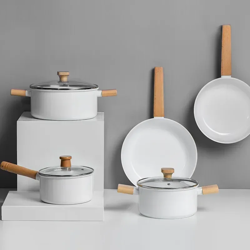 1pcs Double-sided Ceramic Non-stick Pot Japanese Style White Wood Grain Soup Pot Frying Pan Combination Non Stick Cooking Pot