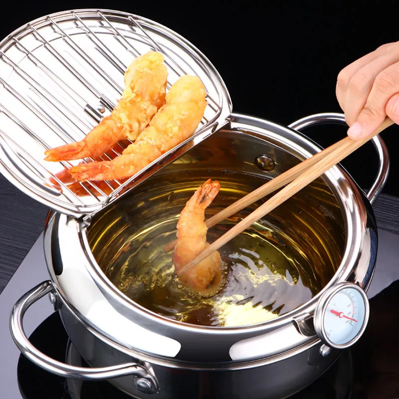 Japanese Deep Frying Pot with a Thermometer and a Lid 304 Stainless Steel Kitchen Tempura Fryer Pan 20 24 cm