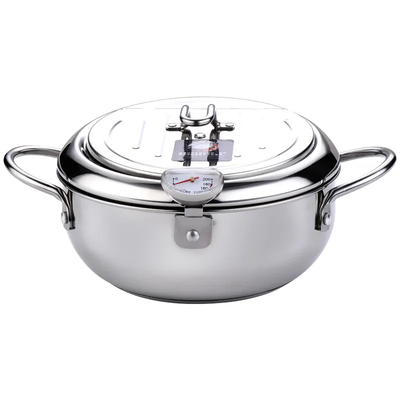 Japanese Deep Frying Pot with a Thermometer and a Lid 304 Stainless Steel Kitchen Tempura Fryer Pan 20 24 cm