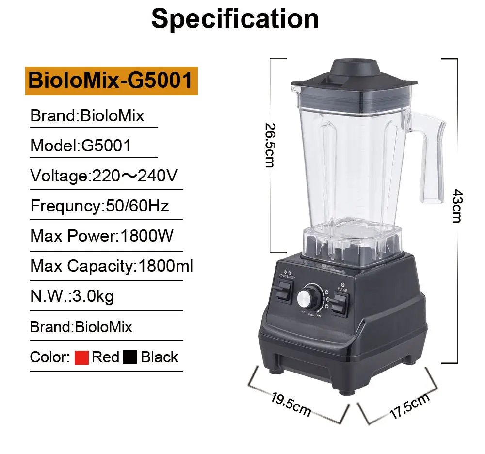 BioloMix Mini Pro 1800W High Power Smoothie Blender BPA Free 1.8L and 0.6L Dual Jar High Performance Kitchen Mixer Juicer