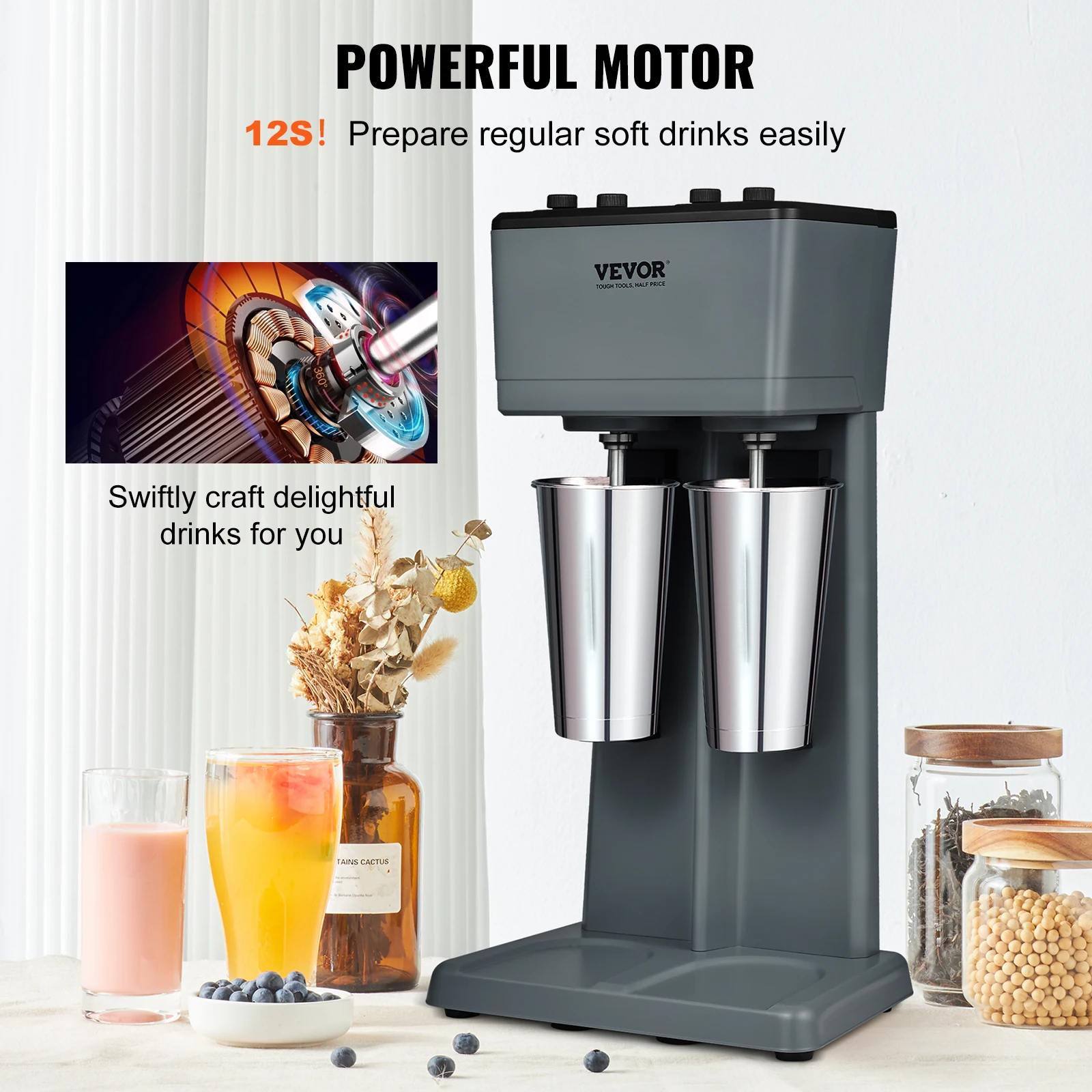 Milkshake Maker Mixer Machine Double Head Stainless Steel Drink Blender 3-Speed Milkshake Mixer for Commercial Home