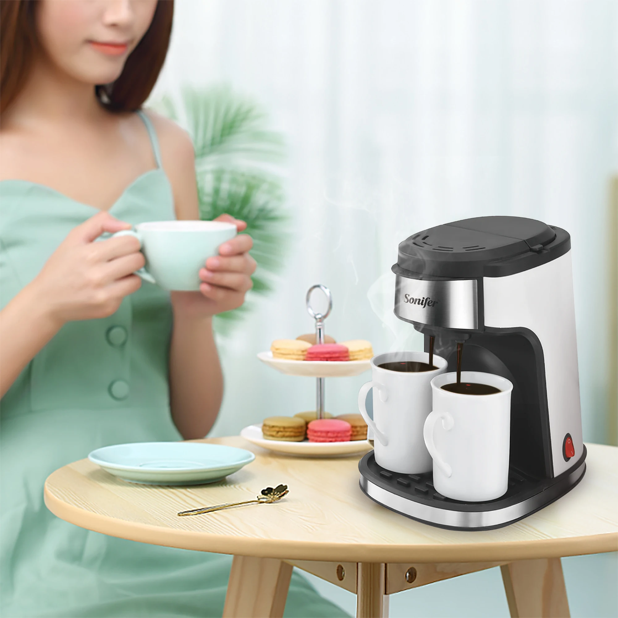 Coffee Machine Kitchen Appliances Dripping Coffee Maker Automatic Brew Tea Powder Milk Ceramic Double Cup