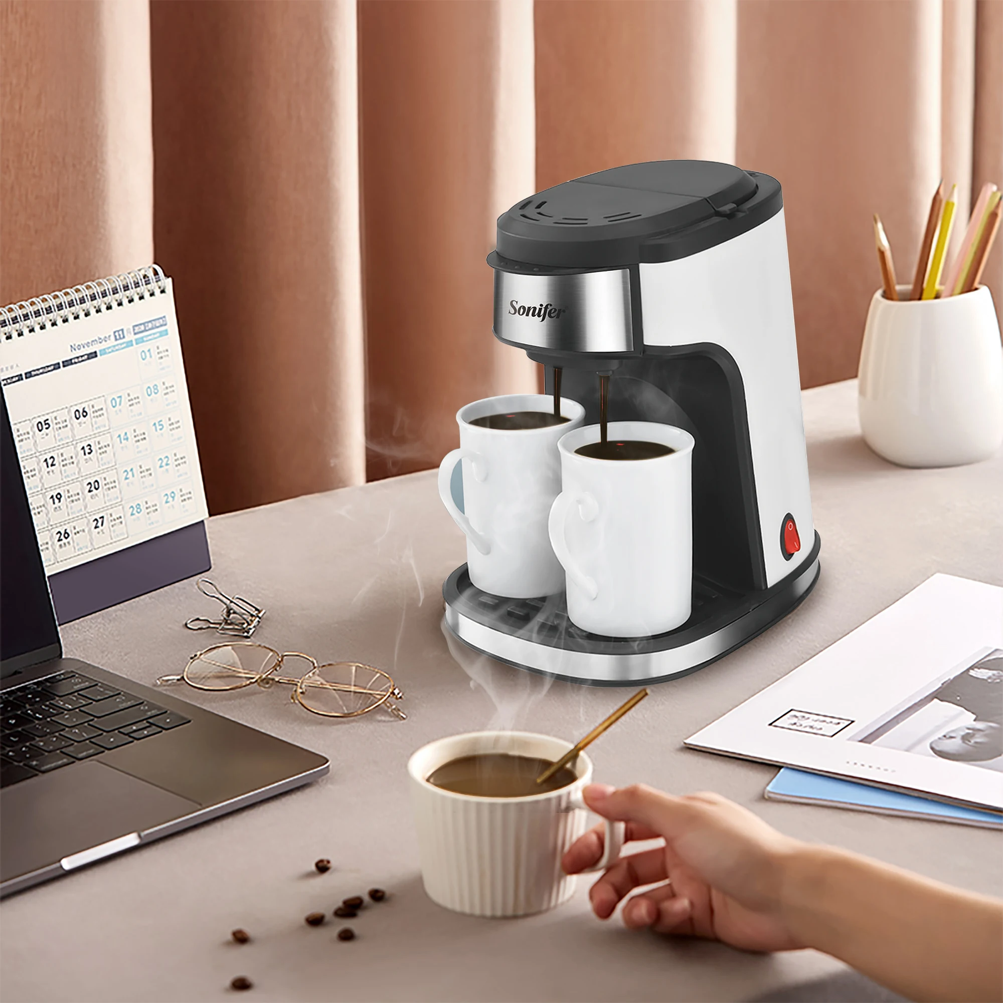 Coffee Machine Kitchen Appliances Dripping Coffee Maker Automatic Brew Tea Powder Milk Ceramic Double Cup