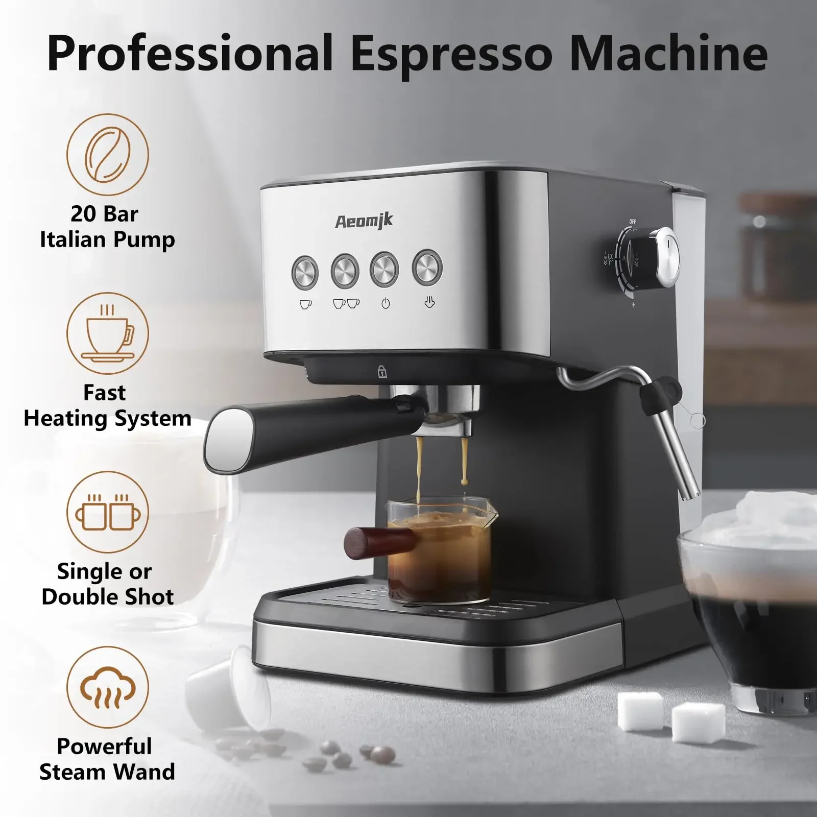 Espresso Machine 20 Bar Espresso Maker with Milk Frothed Steam Wand for Latte and Cappuccino Stainless Steel Coffee machines