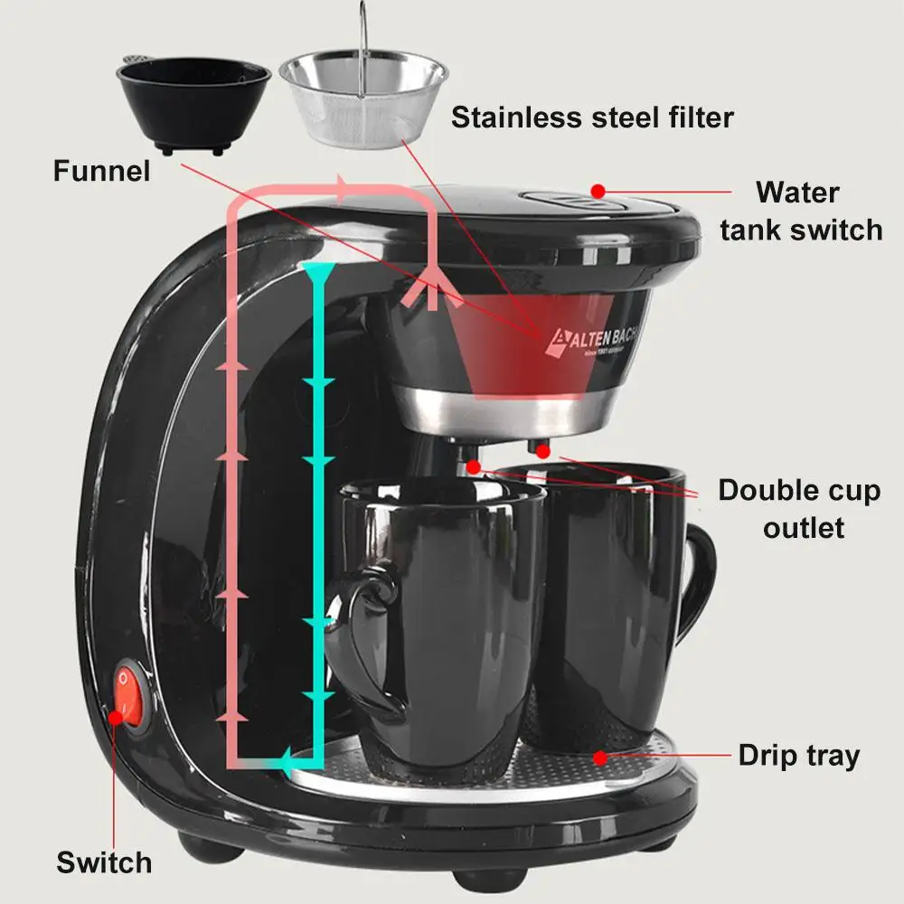 110V/220V 450W Household Electric Steam Drip Coffee Maker Automatic Dual Cup Coffee Machine Dual-use American Coffee Tea Machine