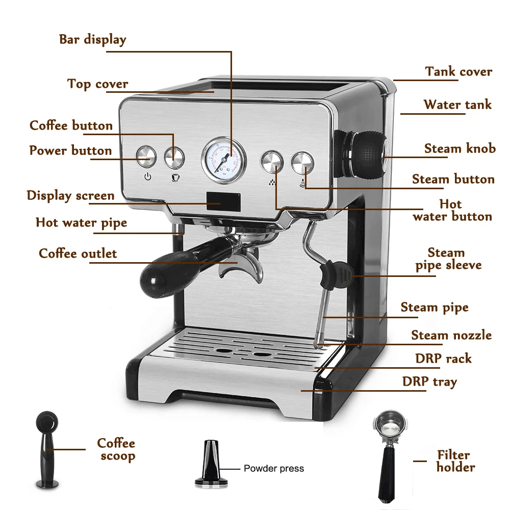 Espresso Coffee Machine 15 Bar Semi-Automatic Italian Coffee Maker For Café Popular Cappuccino Milk Bubble Maker