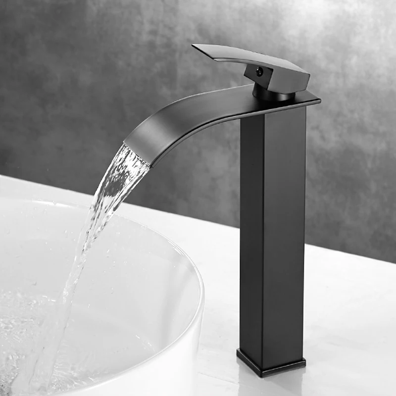 Bathroom Basin Sink Faucet Waterfall Spout Tap Deck Mount Single Handle Cold Hot Water Mixer Vanity Washbasin Crane