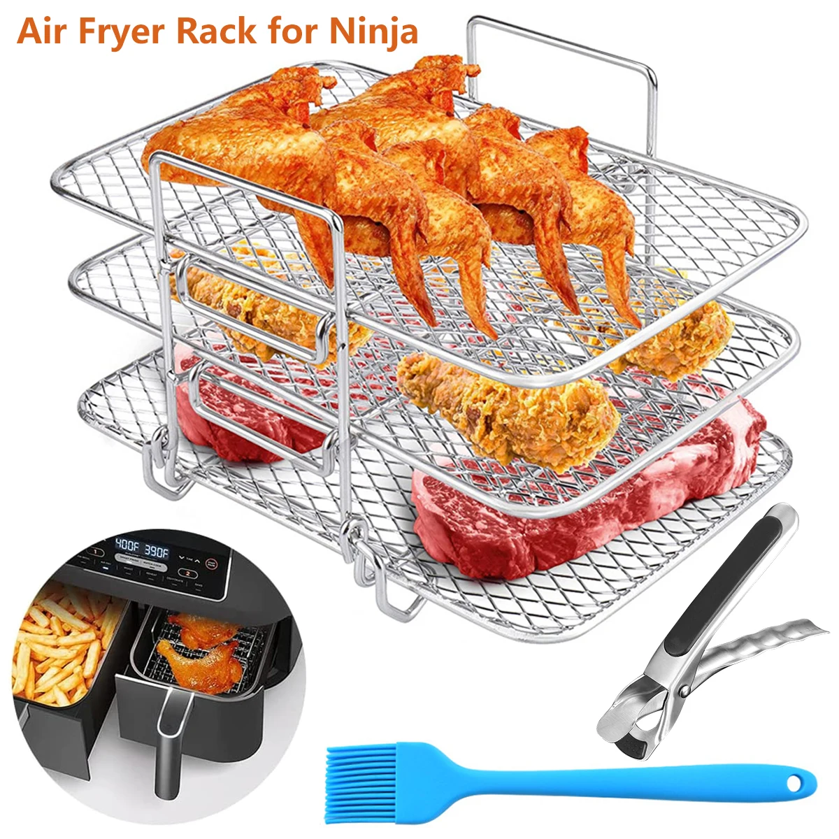 Air Fryer Rack Compatible Stainless Steel Dehydrator Rack 3-Layer Holder Tray with for Ninja Foodi Pressure Cooker and Air Fryer