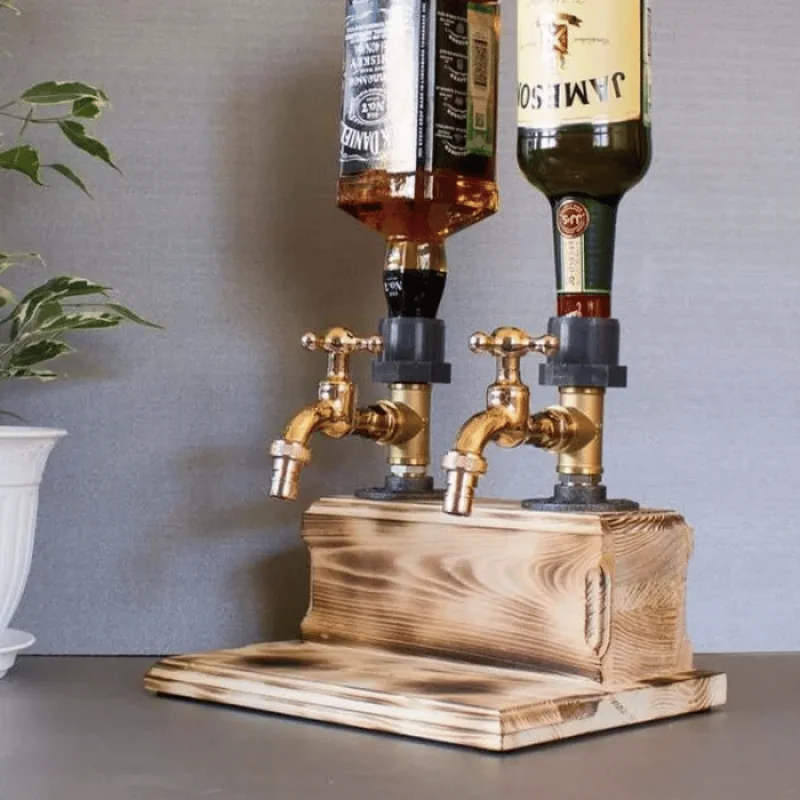 Whiskey Wood Dispenser Wood Alcohol Liquor Dispenser Solid Base Real Brass, Leakproof Smooth Pouring Dispenser for Home Bar Gift