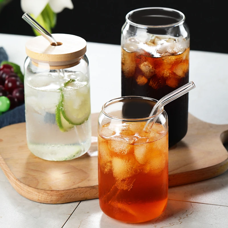 400/550ml Glass Cup with Straw Lid Drinkware Transparent Beer Bubble Tea Cup Juice Glass Coke Can Milk Mocha Cups Breakfast Mug