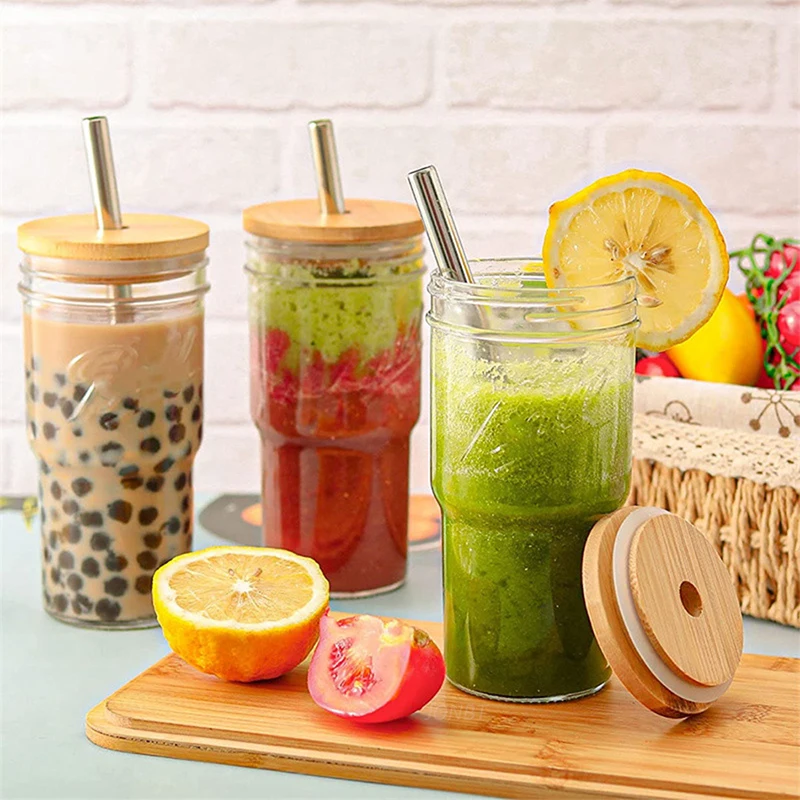 22/24OZ Glass Cup With Bamboo Lid And Straw Transparent Bubble Tea Cup Juice Glasses Beer Can Milk Cups Breakfast Mug Drinkware