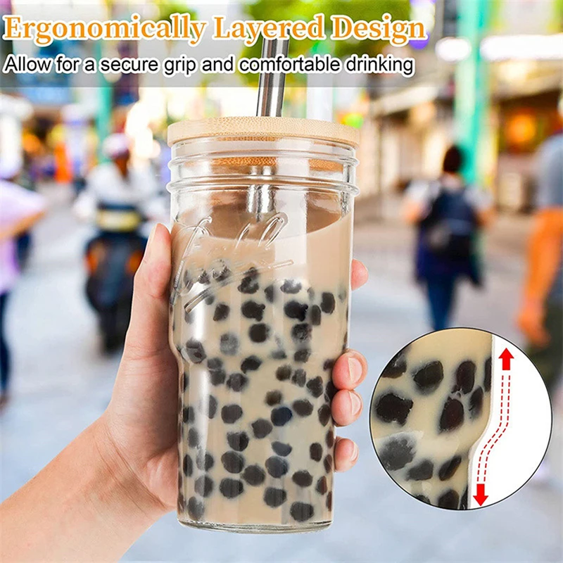 22/24OZ Glass Cup With Bamboo Lid And Straw Transparent Bubble Tea Cup Juice Glasses Beer Can Milk Cups Breakfast Mug Drinkware