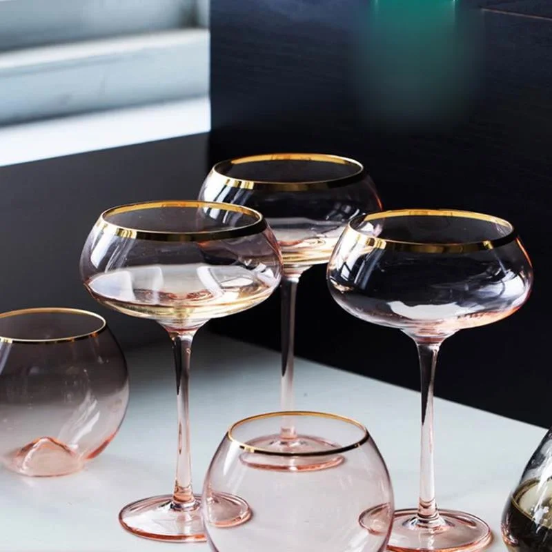 Luxury Pink Wine Glass Ice Cream Beer Whisky Cup Cocktail Champagne Glass Home Kitchen Goblet Golden Edge Crystal Glass Wine Set