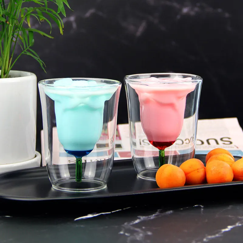 High Borosilicate Double-Wall Glass Wine Beer Cup Flower Shaped Rose Whiskey Glass Cups Drinking Mug