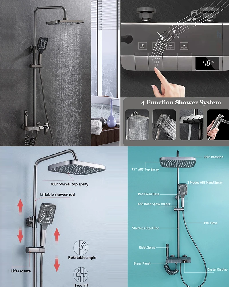 Digital LED Shower Sets Black Shower System Set Bathtub Shower System Rain Pressurized Hot Cold Shower Faucet Household Shower