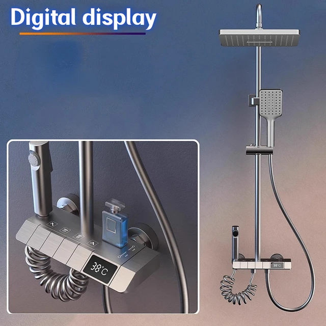 Digital LED Shower Sets Black Shower System Set Bathtub Shower System Rain Pressurized Hot Cold Shower Faucet Household Shower