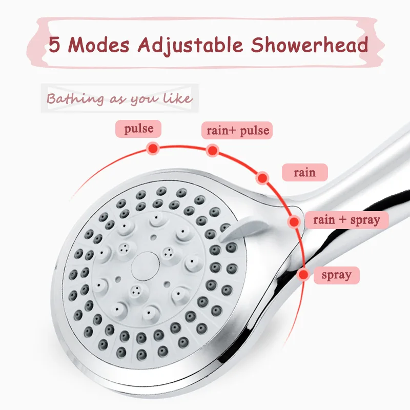 High Pressure Round Rain Shower Head with Hose Holder For Bathroom 5 Function Adjustable Water saving shower sets