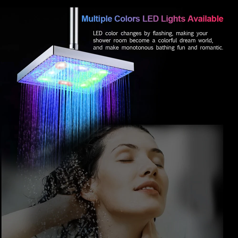 LED Rainfall Shower Head Square Automatically RGB Color-Changing Temperature Sensor Bathroom