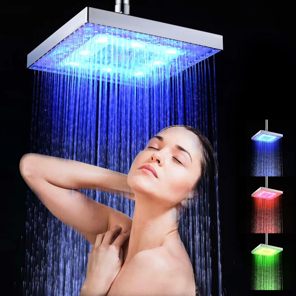 LED Rainfall Shower Head Square Automatically RGB Color-Changing Temperature Sensor Bathroom