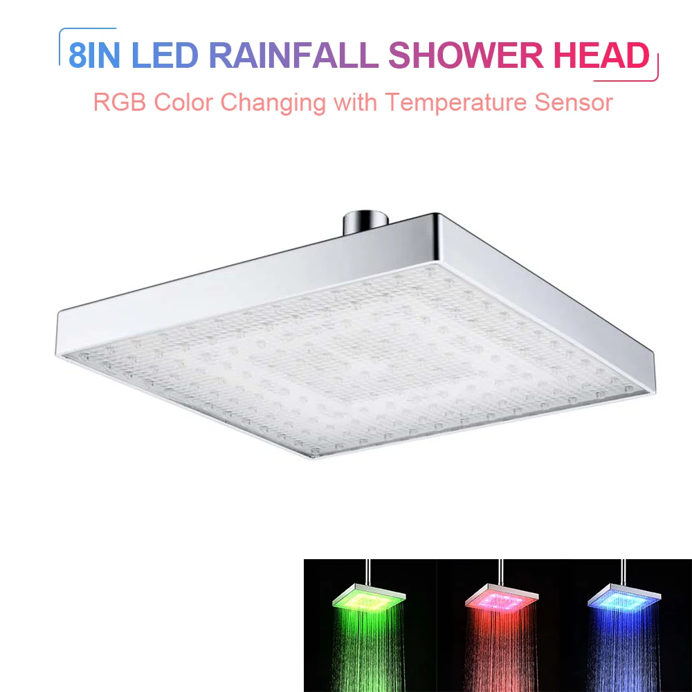 LED Rainfall Shower Head Square Automatically RGB Color-Changing Temperature Sensor Bathroom