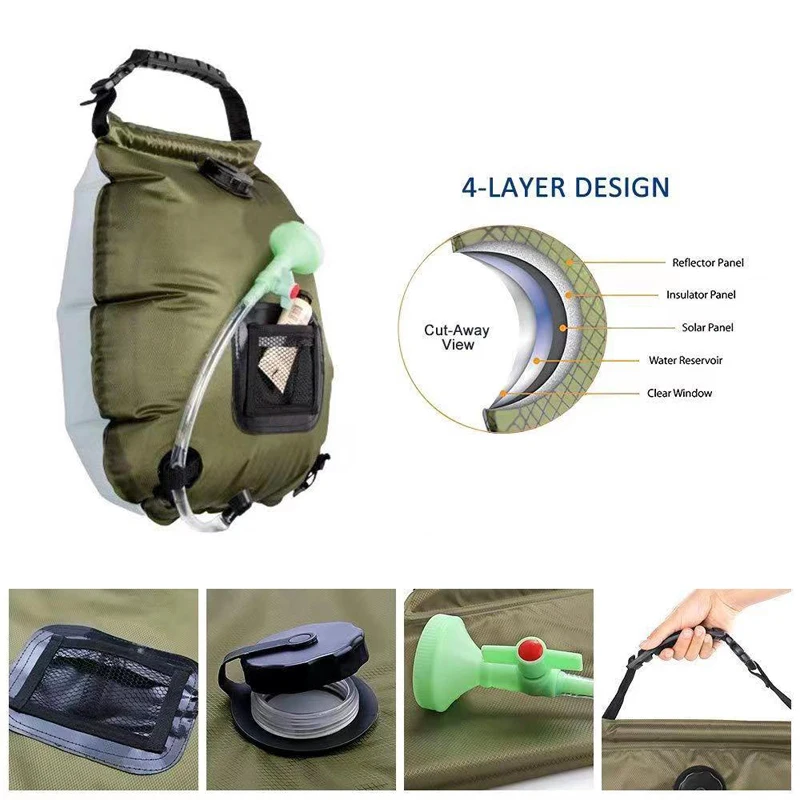 Solar Heating Shower Bag with On-Off Switchable Shower Head Removable Water Bags for Outdoor Camping and Hiking, 5 gallons/20L