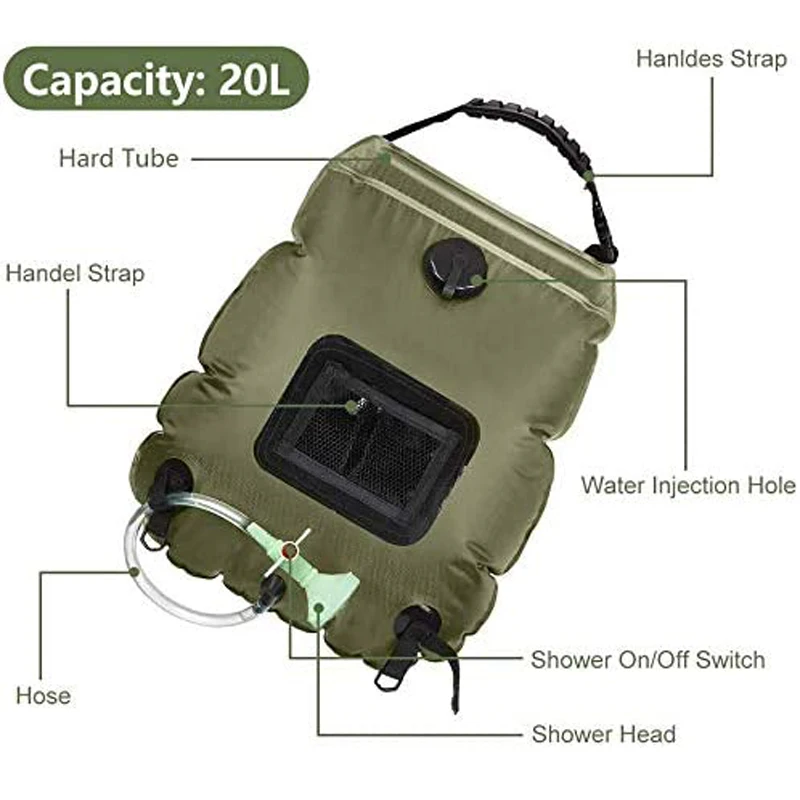 Solar Heating Shower Bag with On-Off Switchable Shower Head Removable Water Bags for Outdoor Camping and Hiking, 5 gallons/20L