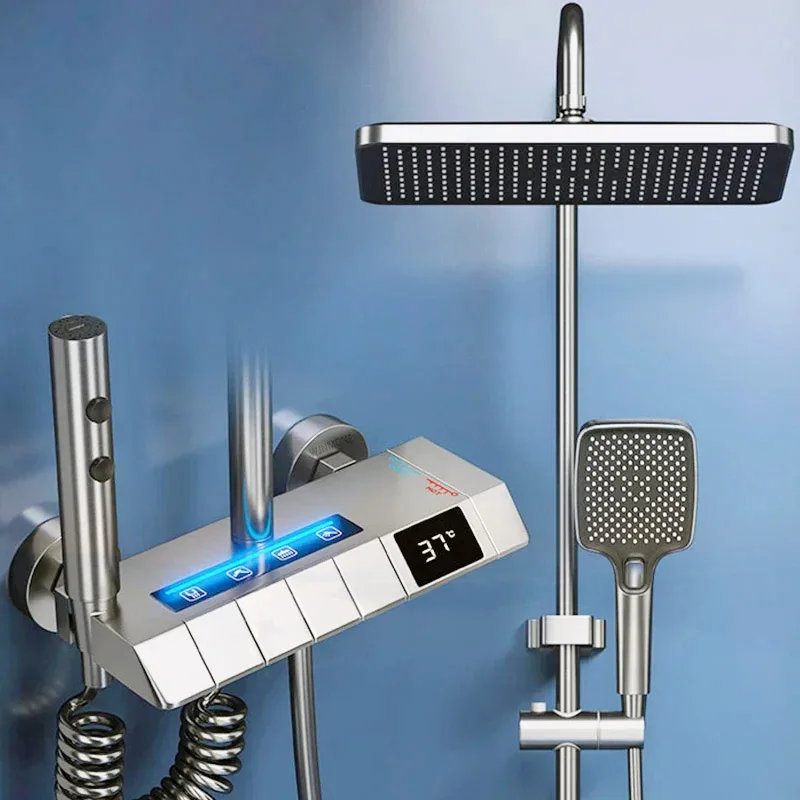 LED Bathroom Shower System Suit Bathtub Rain Digital  Showers Set Grey White Matte Grey Thermostatic Full Shower Faucet Bath Set