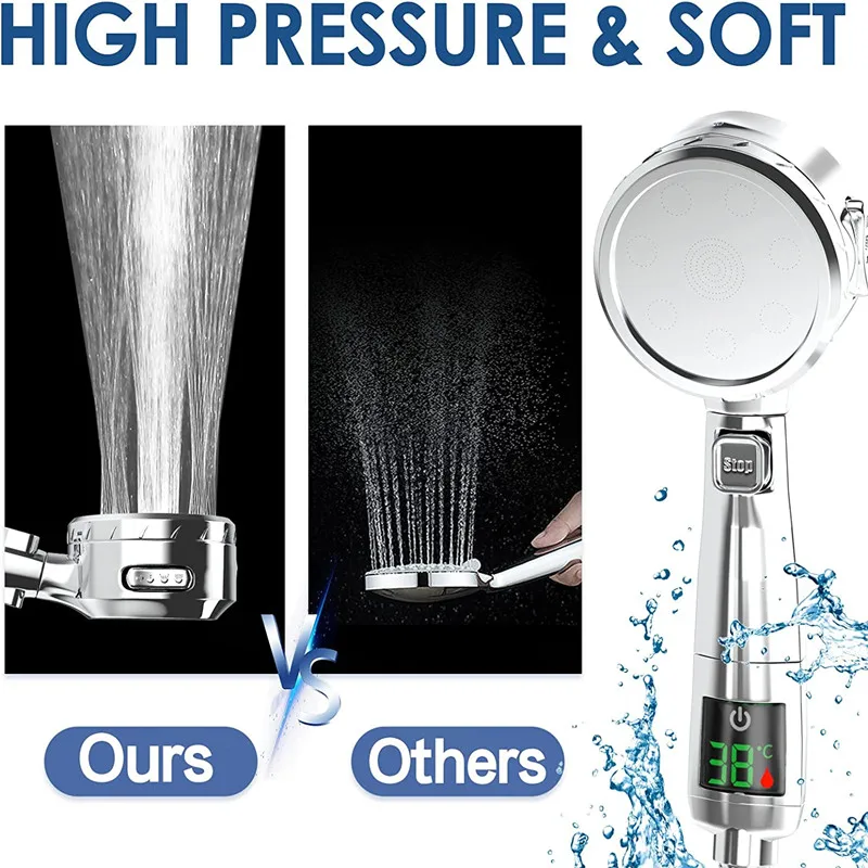 High Pressure Handheld Bathroom Shower Head Water Saving Showerhead Pressurized Adjustable Spray LED Digital Temperature Display