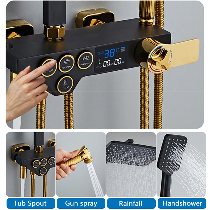 Thermostatic Shower Faucet Bathroom Rainfall Shower Set Wall Mounted Digital Display 4-ways Spout Mixer Tap
