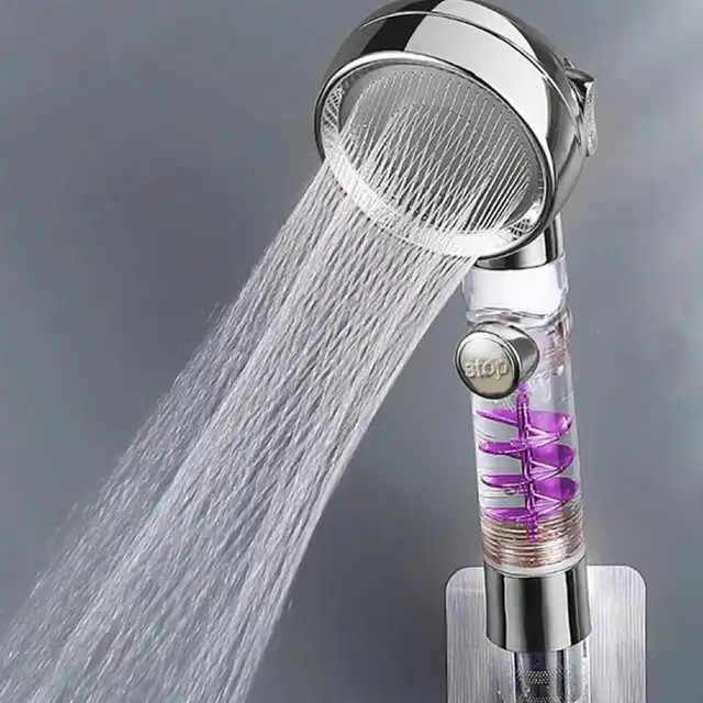 1PC- Turbocharged Shower Head New 3 Mode High Pressure Adjustable Filter Rain Turbine One Button Stop Water Saving
