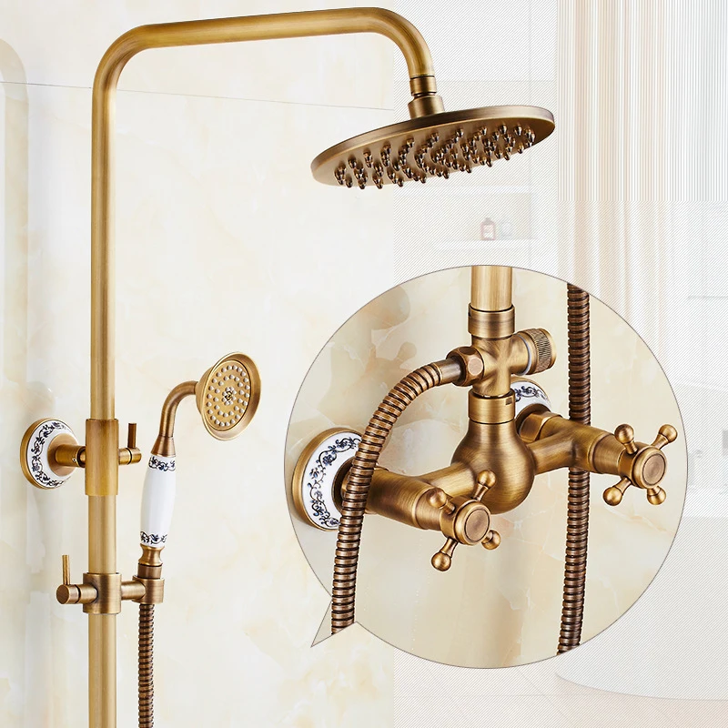 Luxury NEW Bathroom Surface Mount Brass Rainfall Shower Faucet Set Antique Brass with Handshower + Tub Spout + 8" shower head