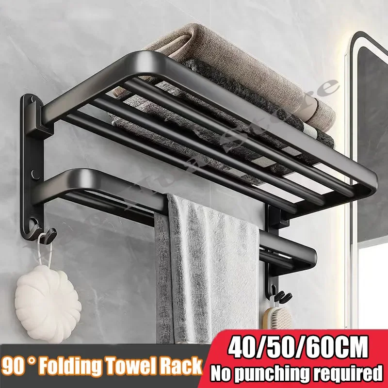 Black Double-layer Towel Rack 40/50/60CM Bathroom Non Drilling Aluminum Shelf 90 ° Foldable Shower Rack Bathroom Accessories