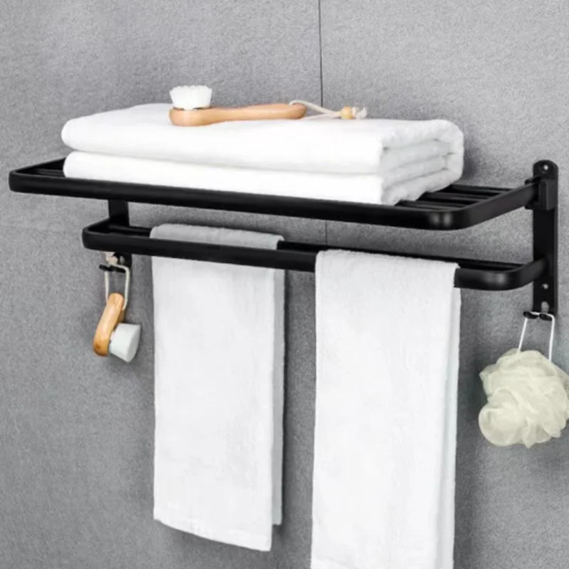 Black Double-layer Towel Rack 40/50/60CM Bathroom Non Drilling Aluminum Shelf 90 ° Foldable Shower Rack Bathroom Accessories