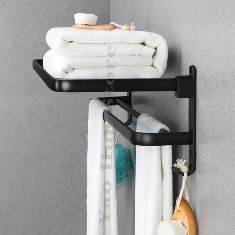 Black Double-layer Towel Rack 40/50/60CM Bathroom Non Drilling Aluminum Shelf 90 ° Foldable Shower Rack Bathroom Accessories