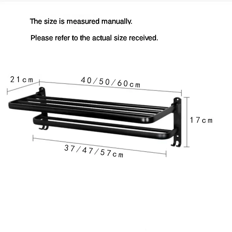 Black Double-layer Towel Rack 40/50/60CM Bathroom Non Drilling Aluminum Shelf 90 ° Foldable Shower Rack Bathroom Accessories