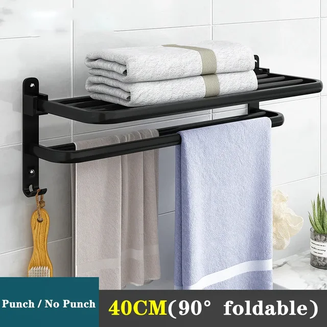 Black Double-layer Towel Rack 40/50/60CM Bathroom Non Drilling Aluminum Shelf 90 ° Foldable Shower Rack Bathroom Accessories