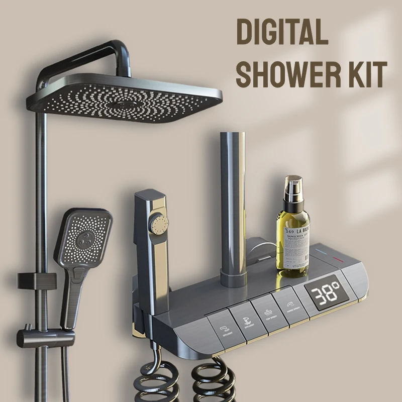 Digital LED Shower Sets Full Set Black Gray Bathtub Shower System Hot Cold Shower Faucet Rain Pressurized Bathroom Shower Sets