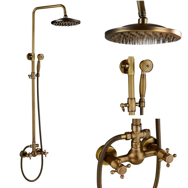 Antique Bathroom Shower Faucet Set Wall Mount Dual Handle with Hand shower + Shelf Brass Bathroom Shower Mixer Tap