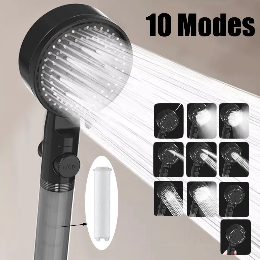 10 Spray Modes Filtered Shower Head High-Pressure Handheld Water Saving Fall Resistance Bathroom Nozzle