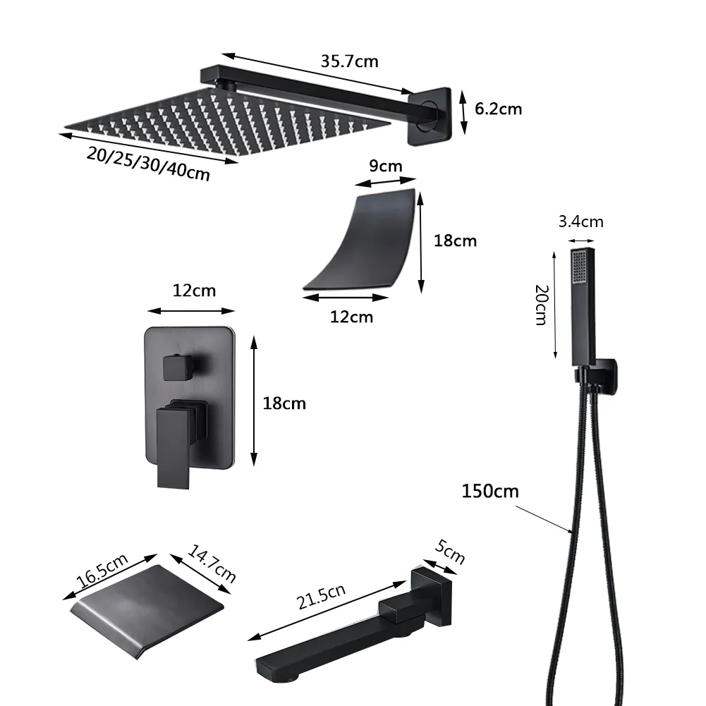 Shower Faucets Set Wall Mounted Rainfall Shower System Concealed Embedded Box Waterfall Bathroom Mixer Tap