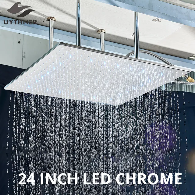 Luxury 24 inch Rain Shower Head Chrome Big Top LED Shower Head With Arm Ceiling Mounted Bathroom Shower Accessories Top Sprayer