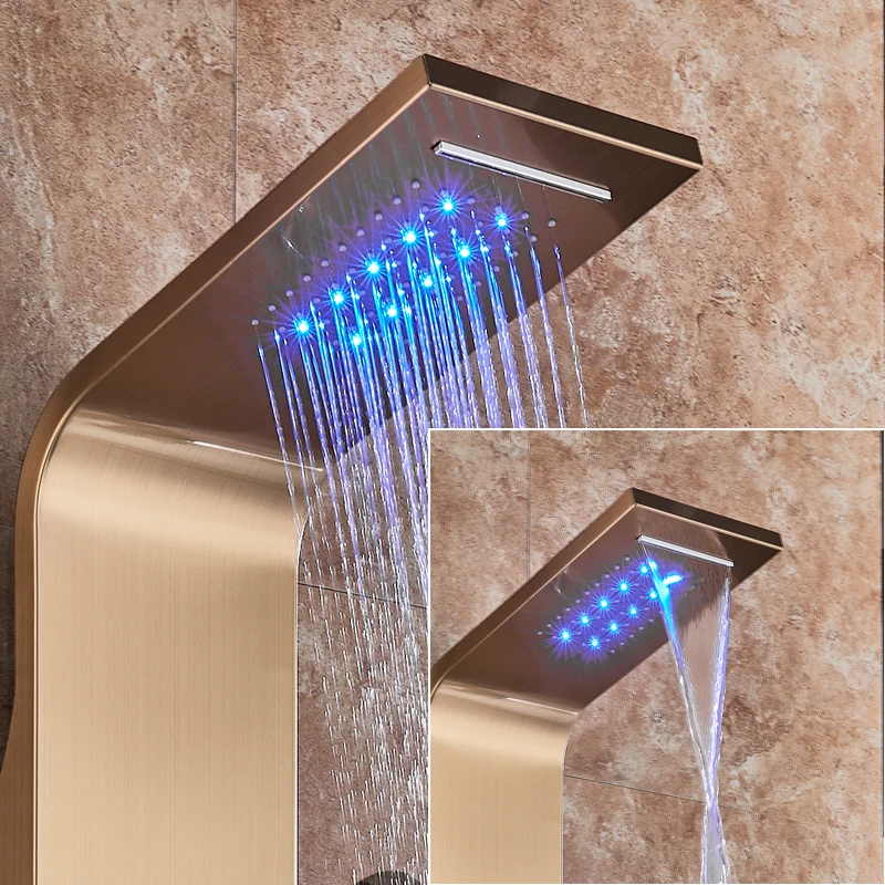Shower Panel Waterfall Rain Shower Column Wall Mounted LED Light Bathroom Shower System Swivel Massage Jet Bidet Sprayer
