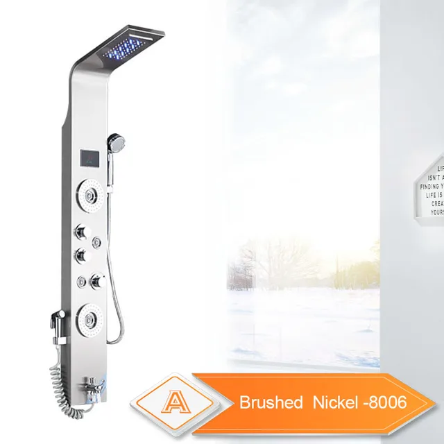 Shower Panel Waterfall Rain Shower Column Wall Mounted LED Light Bathroom Shower System Swivel Massage Jet Bidet Sprayer